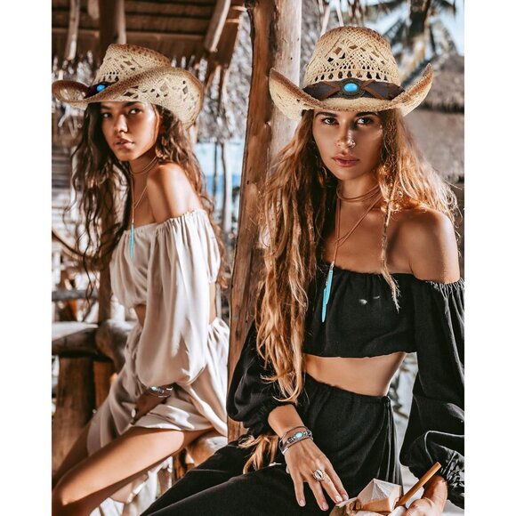 Boho Jewelry Set Turquoise Cowgirl Hat Necklace Earrings Bracelets Gift - Picture 4 of 6